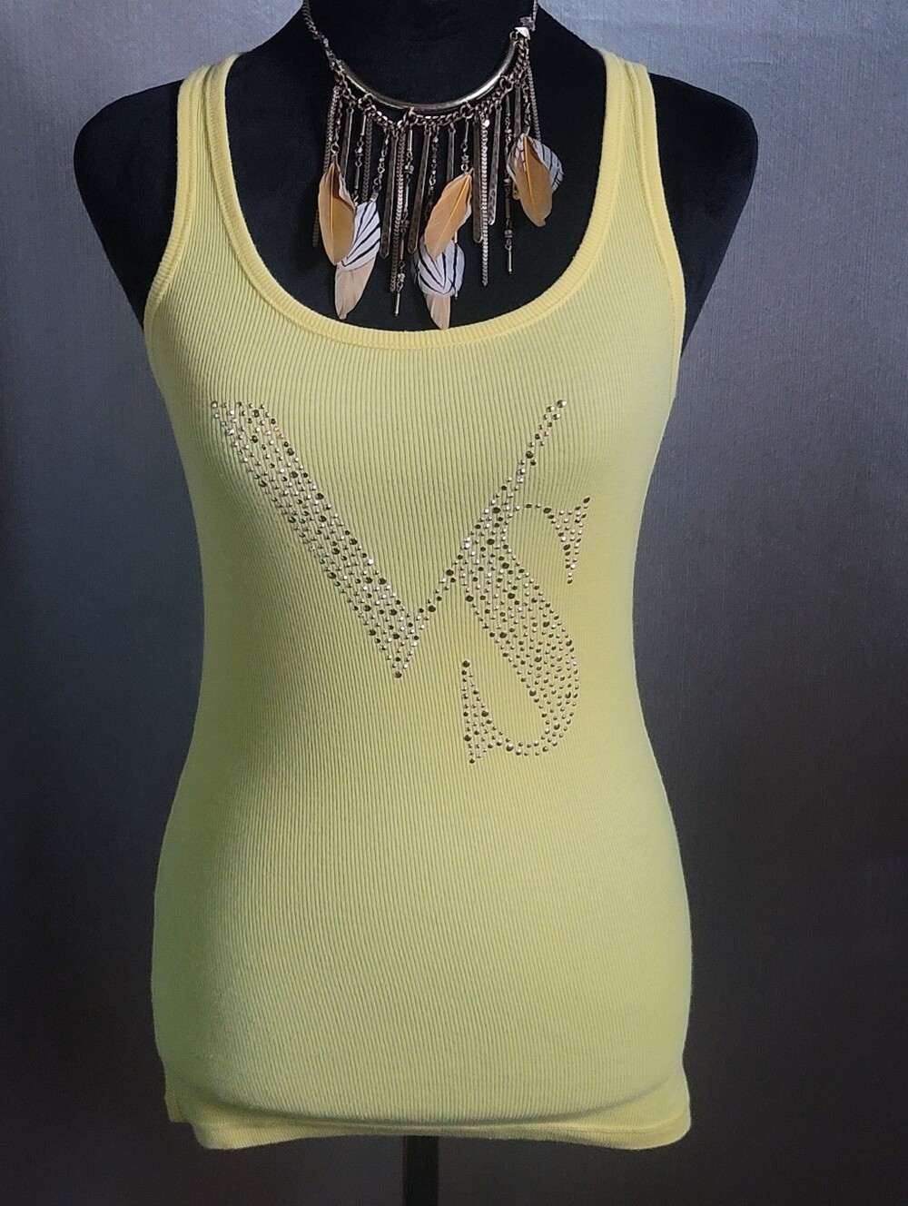 Yellow Rhinestone Logo Ribbed Tank Top - Unbranded